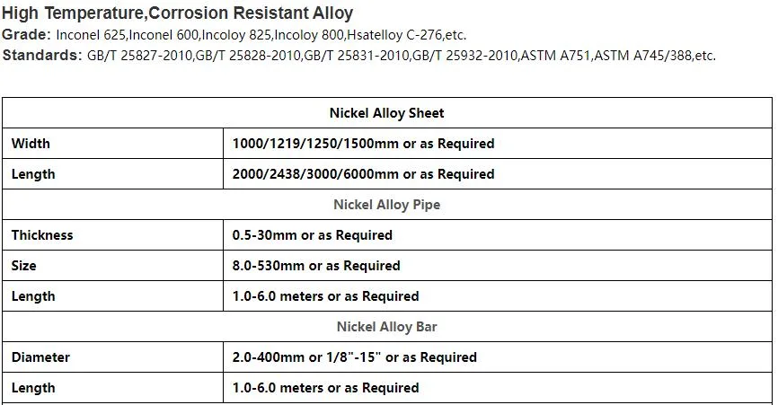 Inconel 713 713c 601 625 718 783 Incoloy 800 825 926 Round Bar 3mm Diameter 3m 6m Length 600 X750 Monel 404 Nickel Based Alloy Bar for Ceramic to Metal Sealing